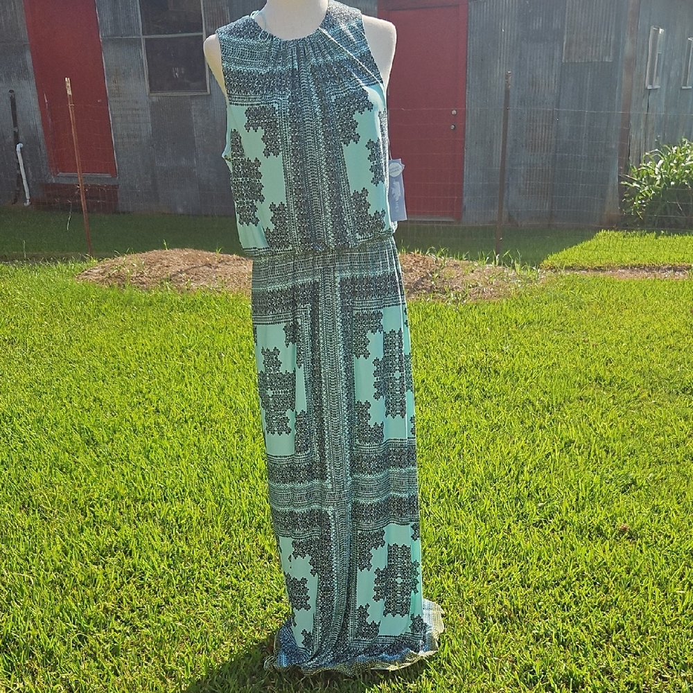 London Times Sleeveless Maxi Dress with Geometric Print NWT